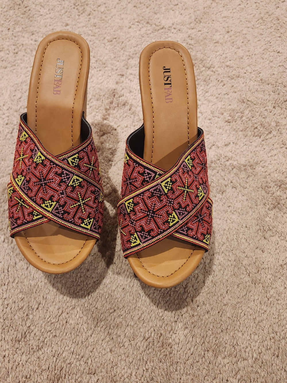 JustFab Red Beaded Cross-Band Slide Mules
